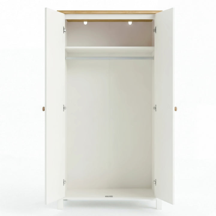 [White] Linra 2 door wardrobe with open doors, shelf and hanging rail on a white background