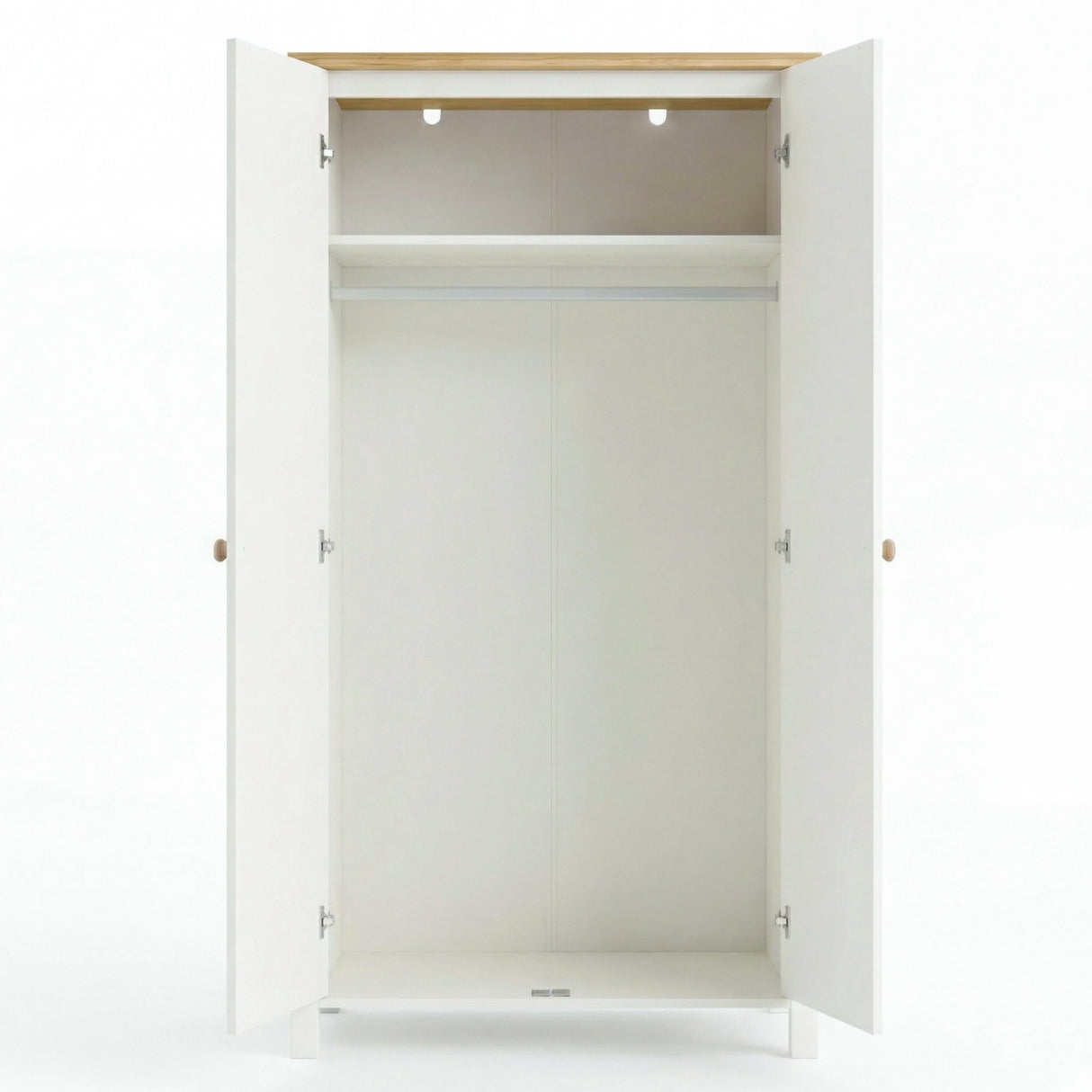 [White] Linra 2 Door Wardrobe fully open on white background showing empty interior with upper shelf, hanging rail, and hinge detail