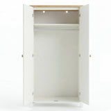 [White] Linra 2 Door Wardrobe fully open on white background showing empty interior with upper shelf, hanging rail, and hinge detail