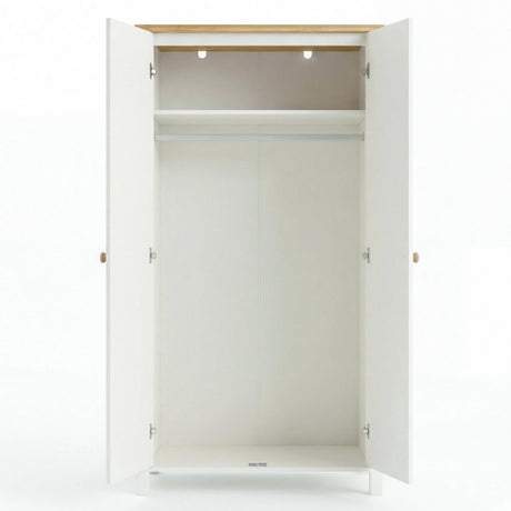 [White] Linra 2 Door Wardrobe fully open on white background showing empty interior with upper shelf, hanging rail, and hinge detail