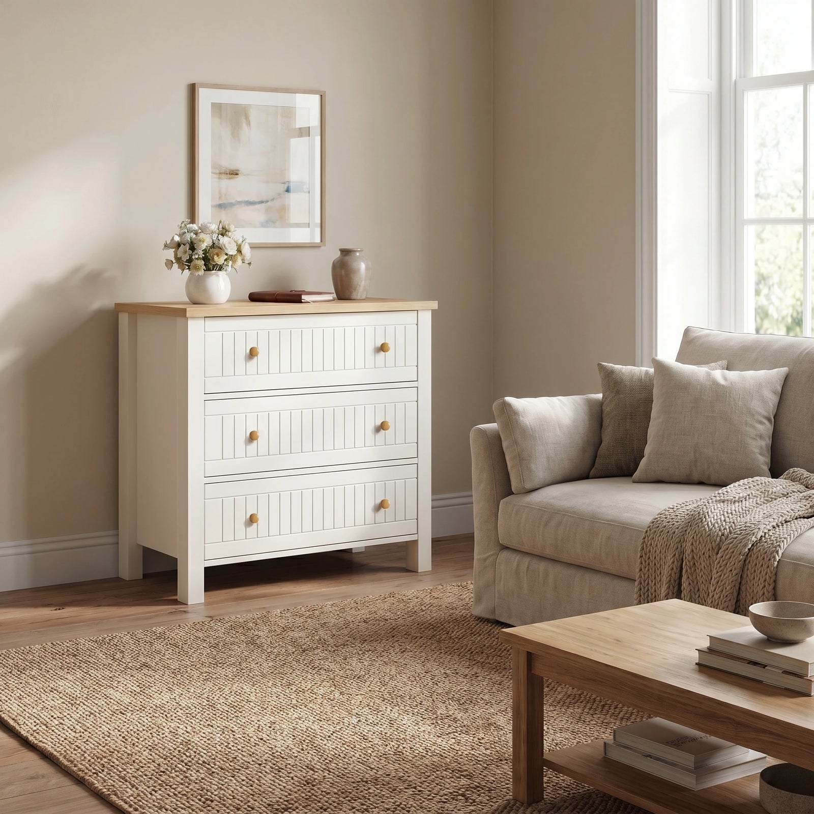 [White] Living room with a white dresser, gray sofa, and wooden coffee table