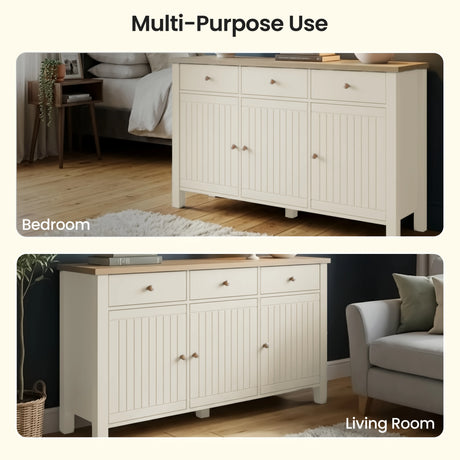 [White] Linra 3 door sideboard shown in bedroom and living room settings demonstrating versatile placement against dark and neutral walls