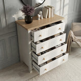 [White] Linra 4-drawer chest of drawers with all drawers open revealing interior storage and decorative items on top
