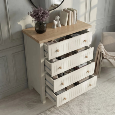 [White] Linra 4 drawer chest with all four drawers extended exposing interior depth and grooved drawer backs