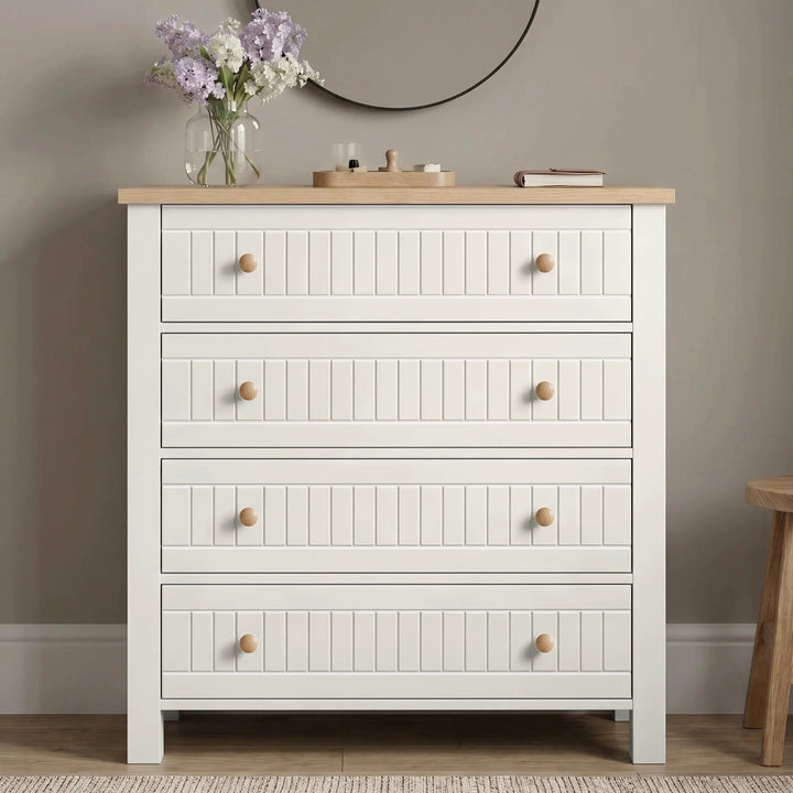 [White] Linra White Painted 3 Piece Bedroom Furniture Set - Oak Top front view of the 4-drawer slatted chest.