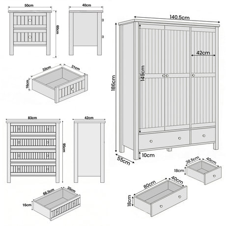 [White] Linra 4 piece bedroom set technical dimensions diagram showing wardrobe, chest and bedside table sizes
