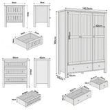 [White] Linra 4 piece bedroom set technical dimensions diagram showing wardrobe, chest and bedside table sizes
