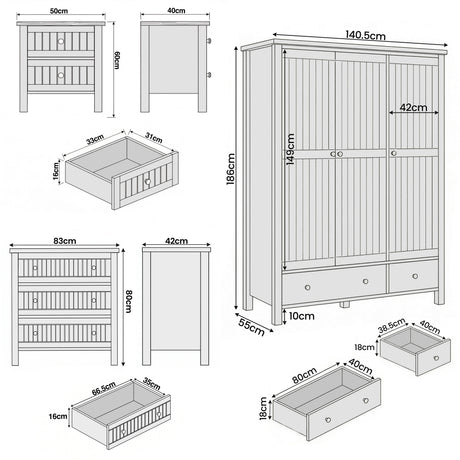 [White] Linra 4 piece bedroom set technical dimensions diagram showing wardrobe, chest and bedside table sizes