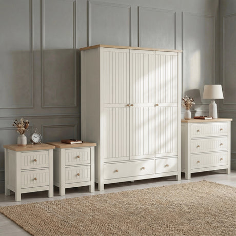 [White] Linra bedroom furniture set arranged with 3 door wardrobe, 3 drawer chest and two 2 drawer bedsides on rug