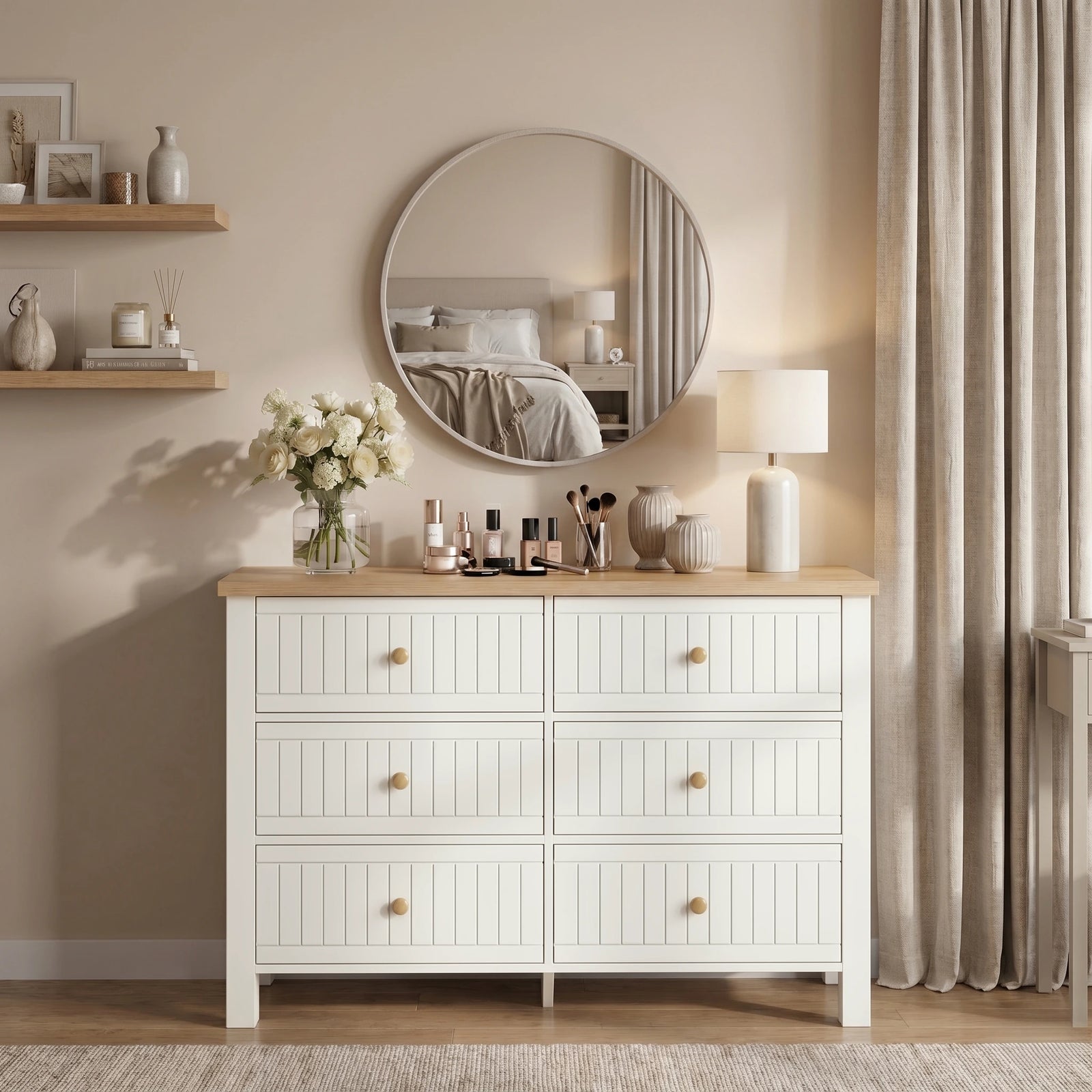 [White] Linra large 6 drawer chest in styled bedroom corner, armchair to left and woven basket to right