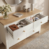 [White] Linra large 6 drawer chest top-down view with two drawers open, accessories inside and stems on top