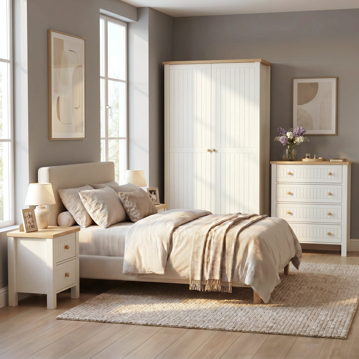 [White] Linra White Painted 3 Piece Bedroom Furniture Set - Oak Top fully arranged in a bright, modern bedroom scene.