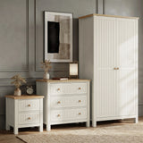 [White] Linra bedroom furniture set styled together: 2 door wardrobe, 3 drawer chest and 2 drawer bedside