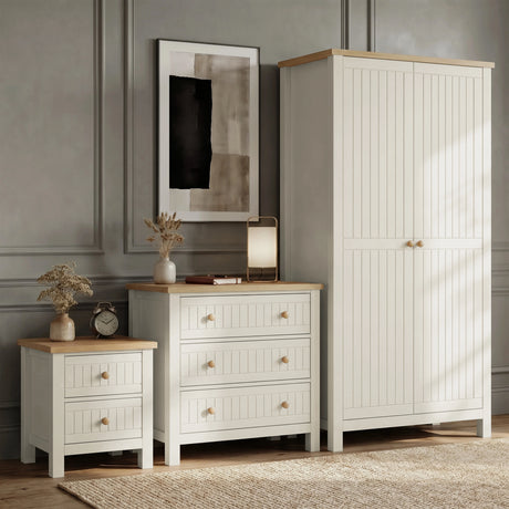 [White] Linra bedroom furniture set styled together: 2 door wardrobe, 3 drawer chest and 2 drawer bedside