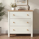 [White] Linra Painted 4 Piece Bedroom Furniture Set chest of drawers with three beadboard-front drawers, oak top, and round wooden knobs