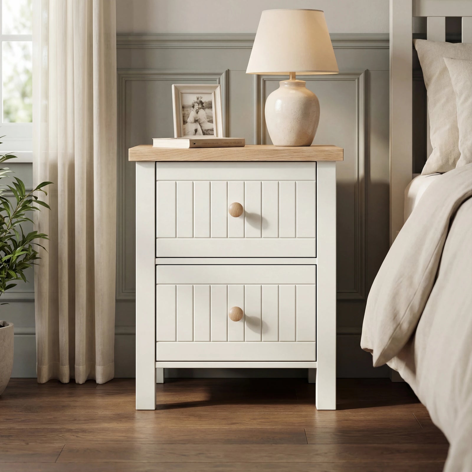 [White] Linra Painted 4 Piece Bedroom Furniture Set bedside table with two beadboard drawers, oak top, and lamp and photo frame displayed on top