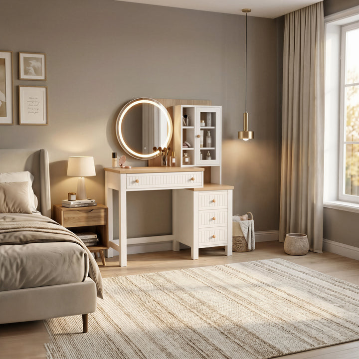[White] Linra White Painted Dressing Table with LED Mirror and Storage beautifully arranged in a modern bedroom interior.