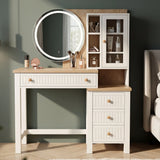 [White] Linra dressing table front view with illuminated LED mirror and full width storage drawer arrangement