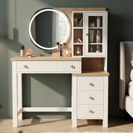 [White] Linra dressing table front view with illuminated LED mirror and full width storage drawer arrangement