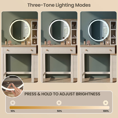 [White] Linra white vanity desk showing three-tone LED lighting and touch-sensor dimming from 10% to 100% brightness.
