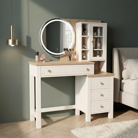 [White] Linra dressing table styled in a contemporary bedroom with LED mirror lit and vanity accessories displayed