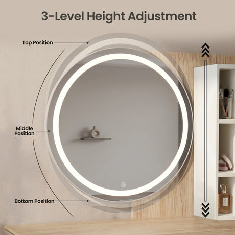 [White] Linra white dressing table showing a 3-level height adjustable LED mirror with top, middle, and bottom positions