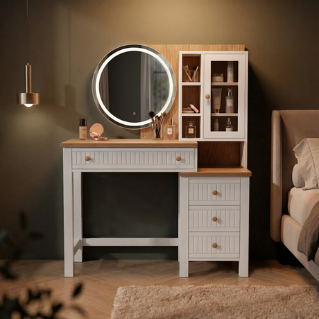 [White] Linra dressing table LED mirror illuminated in a dimly lit bedroom showing warm ambient lighting effect