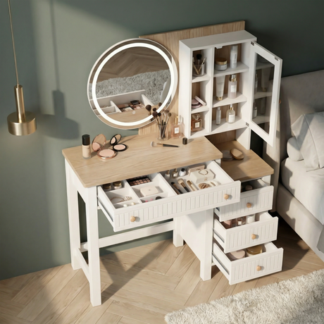 [White] Linra dressing table with drawer open revealing generous interior storage space and compartment organisation