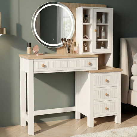 [White] Linra elegant white vanity desk with a light oak top, circular LED mirror, and fluted storage drawers.