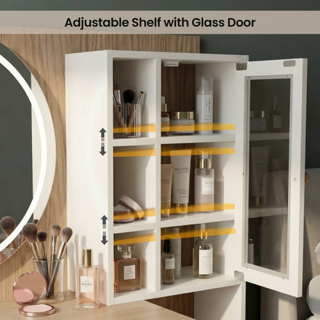 [White] Linra dressing table angled view showing side profile storage drawers and LED mirror illumination detail