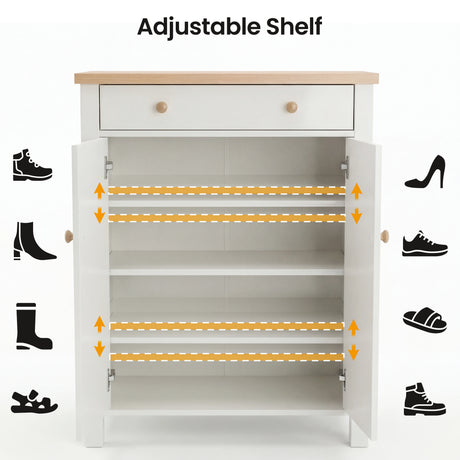 [White] Linra shoe cabinet open showing four adjustable shelves with orange bracket indicators and shoe type icons around