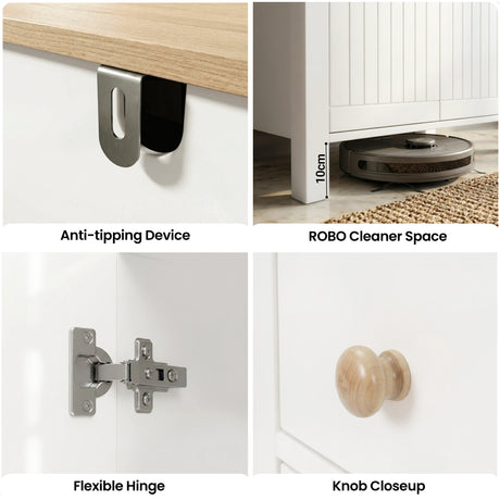 [White] Linra shoe cabinet feature grid showing anti-tipping device, robot cleaner clearance, flexible hinge, and oak knob detail