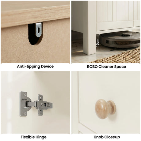 [White] Linra shoe cabinet feature details showing anti-tipping wall bracket, 10cm robot cleaner clearance, soft-close hinge, and rounded wood knob