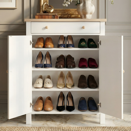 [White] Linra shoe cabinet fully open showing four shelves filled with heels, loafers, and flats in a classic hallway setting