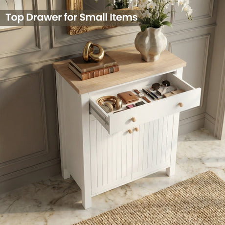 [White] Linra shoe cabinet with top drawer pulled open holding sunglasses, wallet, headphones, and accessories in hallway