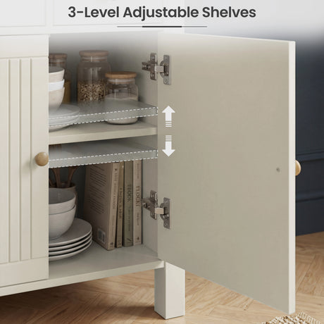 [White] Linra sideboard interior showing 3-level adjustable shelf positions with soft-close hinge hardware and stored kitchenware and books