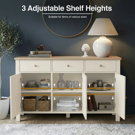 [White] Linra 3 door sideboard interior showing 3 adjustable shelf height positions across all three compartments storing crockery, glassware, and baskets