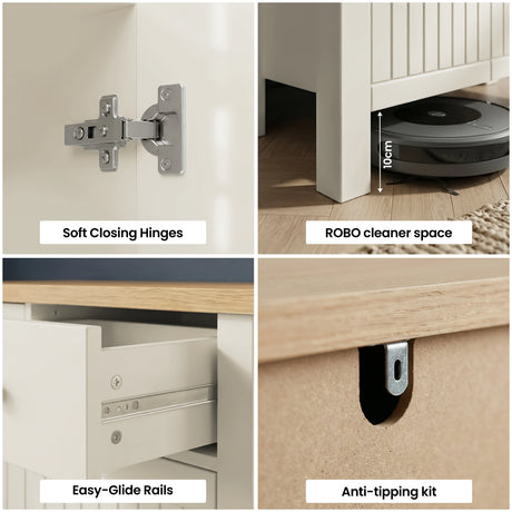 [White] Linra sideboard feature details showing soft-close hinges, easy-glide drawer rails, robot cleaner clearance gap, and anti-tipping wall bracket