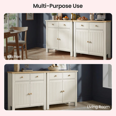 [White] Linra sideboard shown in kitchen and living room settings styled with food items, appliances, books, and decorative objects