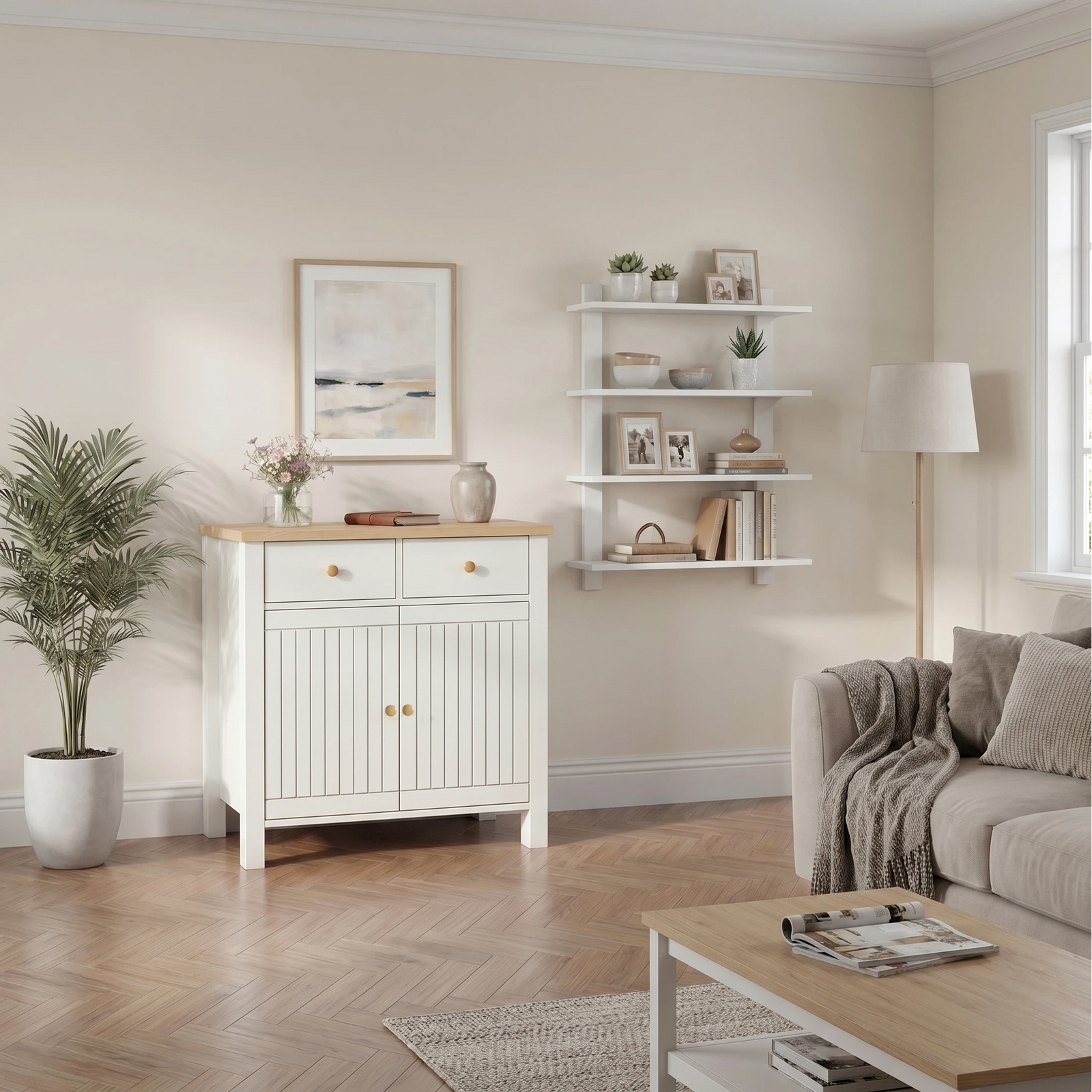 [White] Living room with white cabinet, sofa, coffee table, and shelves.