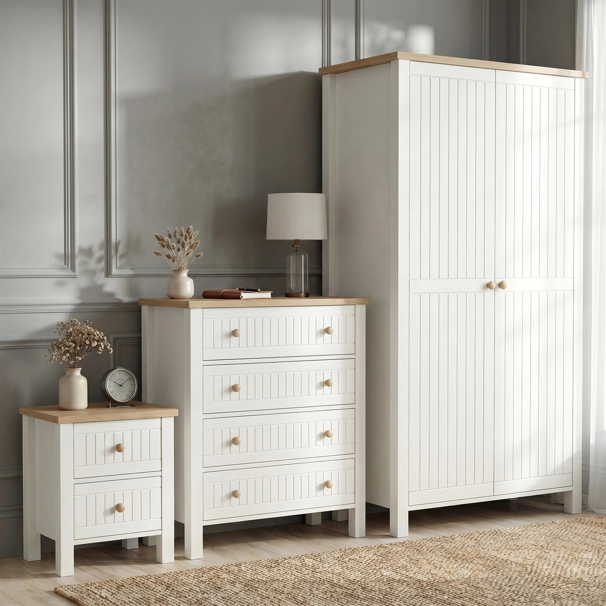 [White] Linra three piece bedroom furniture set styled in a contemporary home environment with coordinated accessories