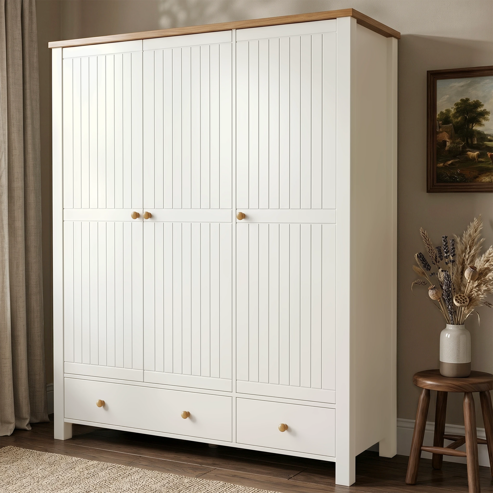[White] Linra wardrobe angled closed view with beaded doors, lower drawers, oak top, curtain, framed art, vase, and stool.