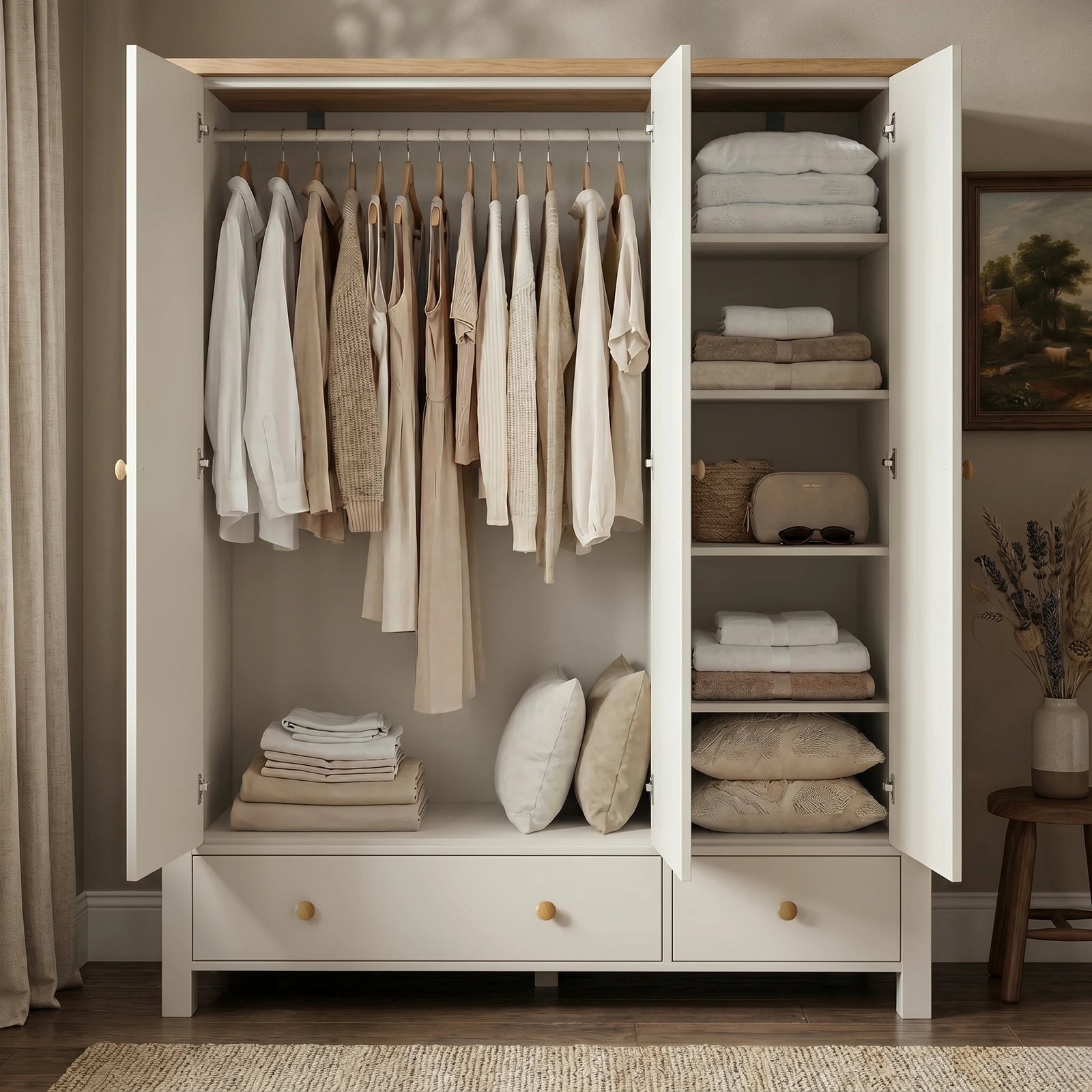 [White] Linra wardrobe with doors open showing hanging rail, clothes, shelves, folded towels, pillows, and lower drawers.