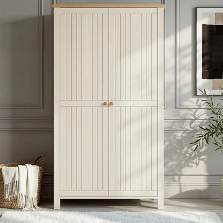 [White] Linra bedroom furniture set wardrobe front view, 2 doors closed with tongue and groove fronts