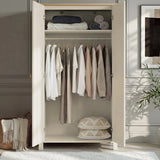 [White] Linra bedroom furniture set 2 door wardrobe interior loaded with neutral clothes on rail and shelf