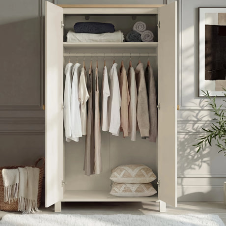 [White] Linra bedroom furniture set 2 door wardrobe interior loaded with neutral clothes on rail and shelf