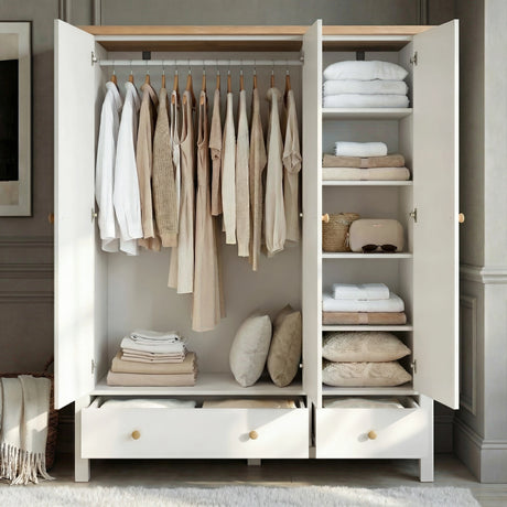 [White] Linra wardrobe open interior view showing hanging clothes rail and lower shelving for versatile storage