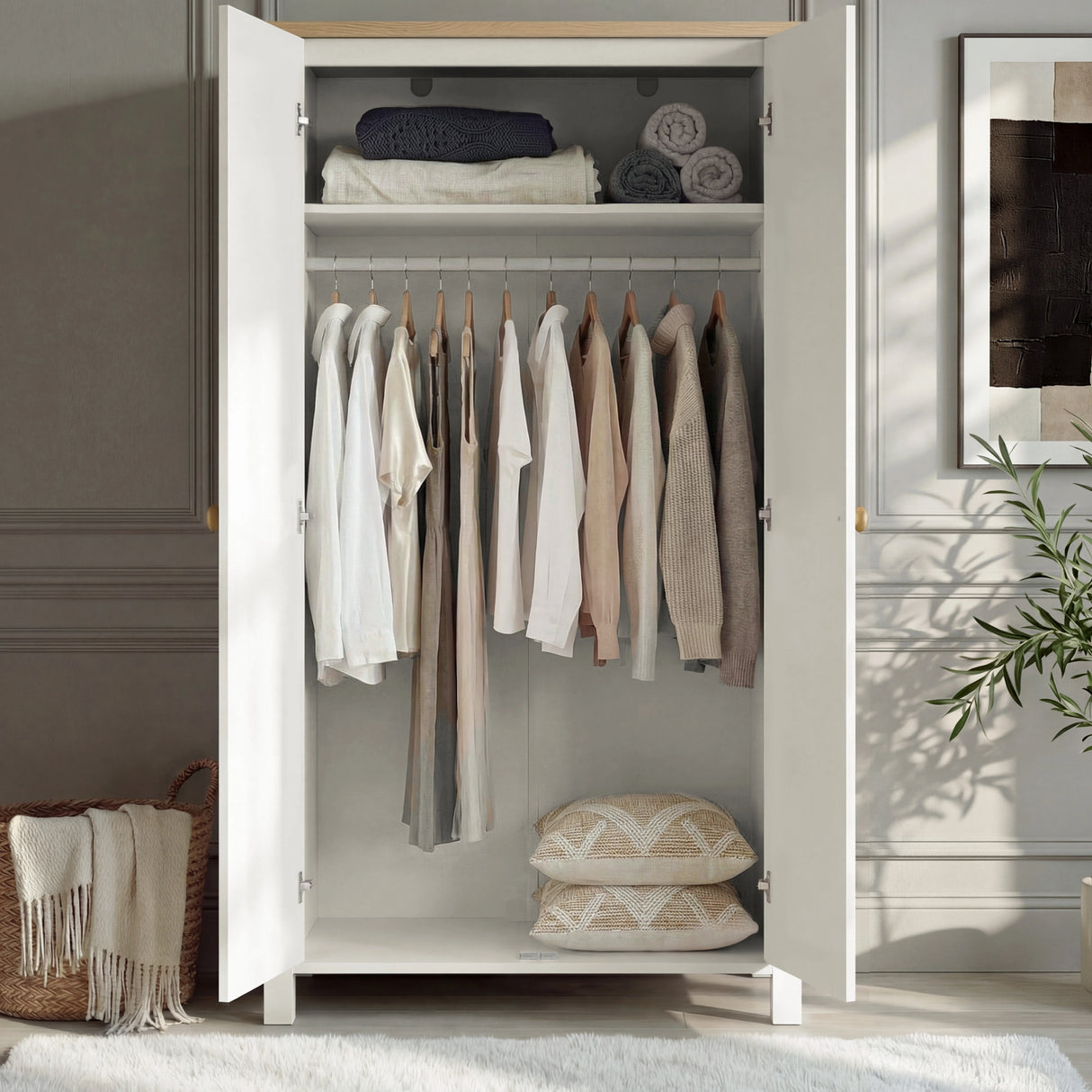 white-linra-wardrobe-open-interior-shelves-hanging-rail