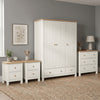 [White] Linra Painted 4 Piece Bedroom Furniture Set showing triple wardrobe, chest of drawers, and two bedside tables with oak tops