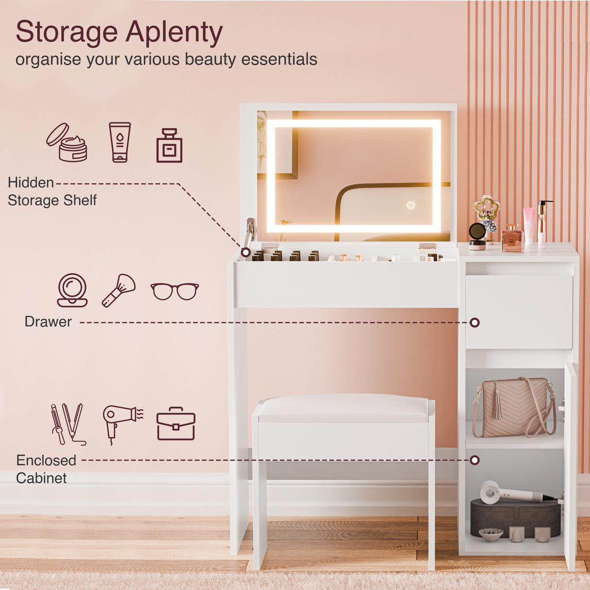 Makeup vanity with storage features and beauty products on a pink background